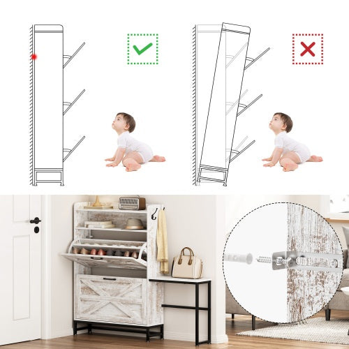 Rustic White Entryway Shoe Cabinet - Slim 9.5" Depth, Large Capacity Storage