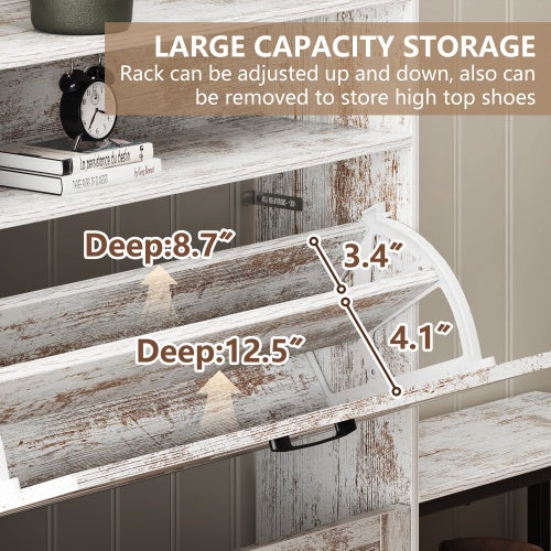 Rustic White Entryway Shoe Cabinet - Slim 9.5" Depth, Large Capacity Storage