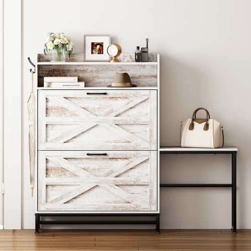 Rustic White Entryway Shoe Cabinet - Slim 9.5" Depth, Large Capacity Storage